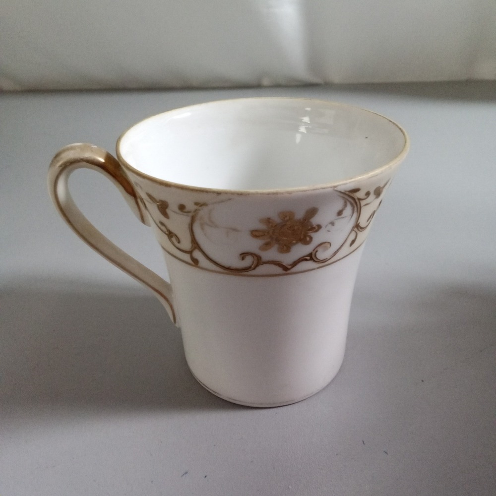 Vintage Nippon Hand Painted Porcelain Tea Cup Gold Floral Scroll White 2.5 inch